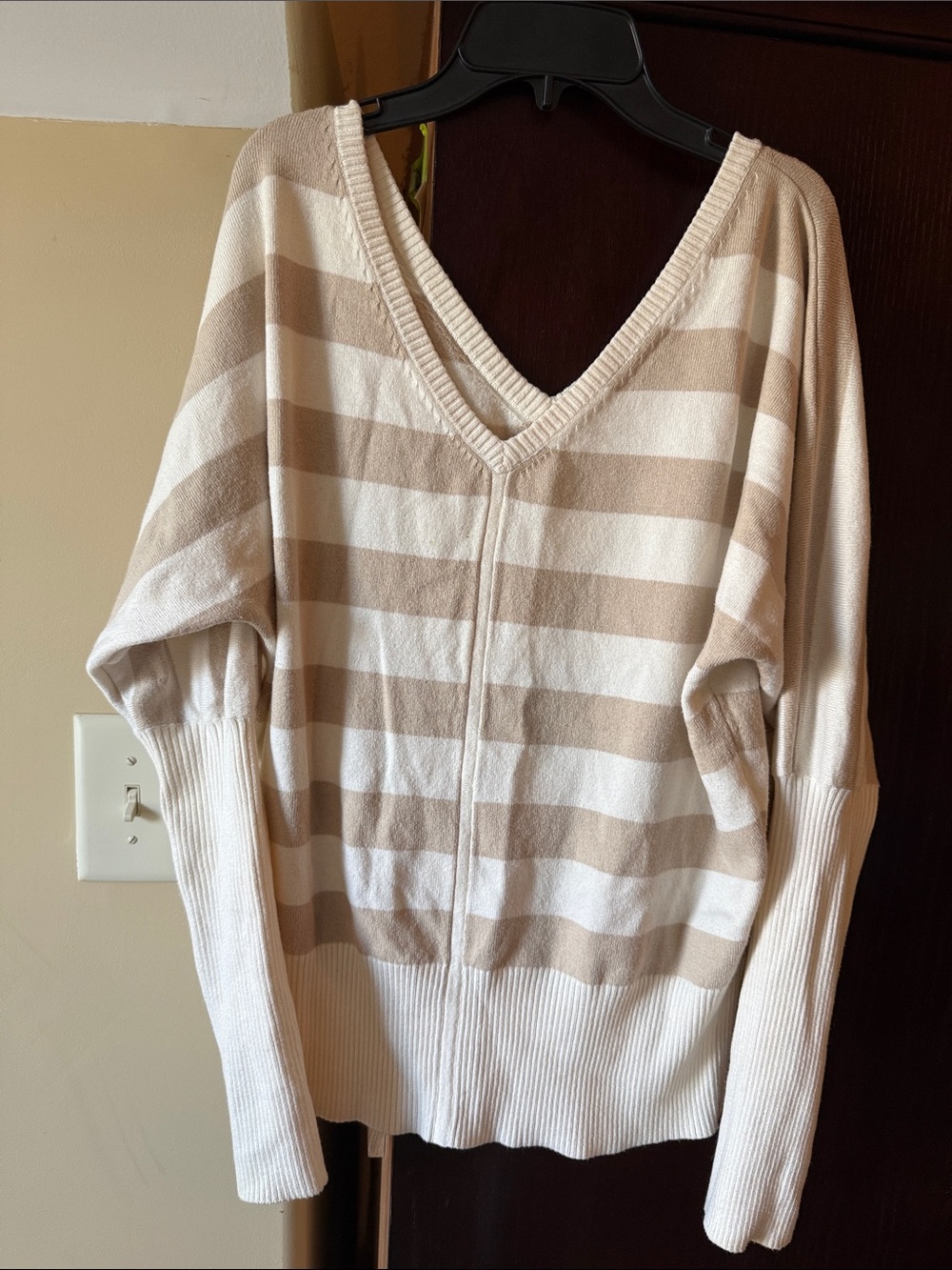 Boston Proper Striped V-Neck Sweater in Cream & Tan